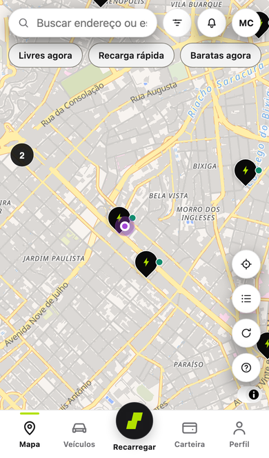 Mapa do aplicativo do motorista, com as estações e o estado de cada uma